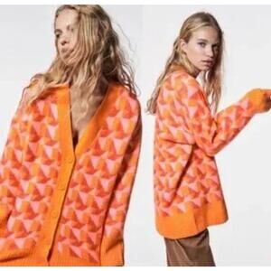 ZARA Geometric Print Orange Pink Knit Button Front Cardigan Sweater Women's S